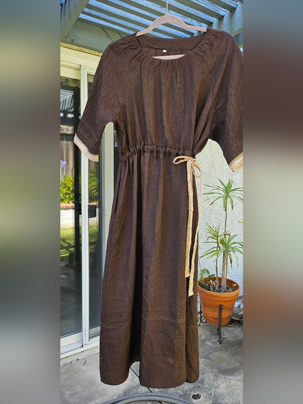 Korean Brand Brown Crinkled Peasant Waist Dress